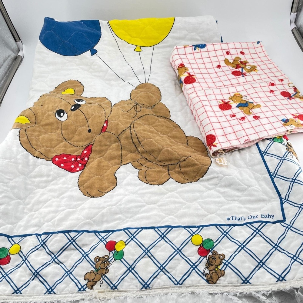 Vtg Thats Our Baby Teddy Bear Quilt & Dundee Flannel Blanket Set Balloons 2pc